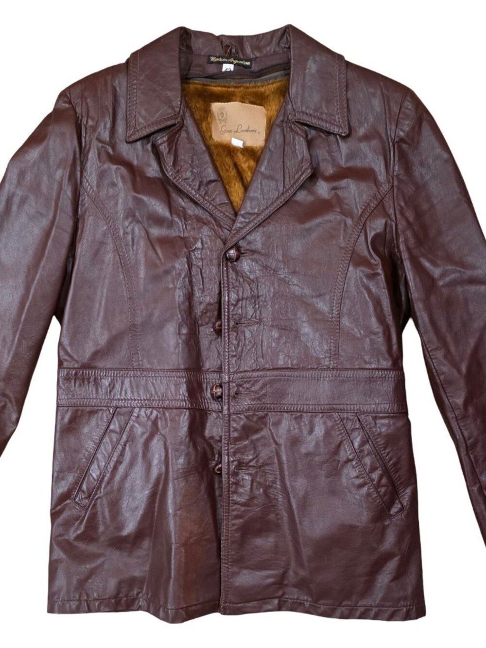 VTG 70s Gino Leathers Brown Leather Trench Coat Faux Fur Lined Mens Argentina